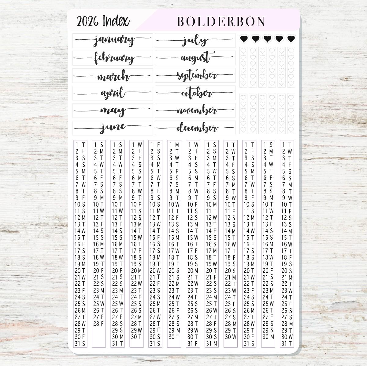 2026 HOBONICHI COUSIN Yearly Index Date Strips - Slate || A5 Cousin, Day Free, Monthly Headers, Calendar Stickers, Year At A Glance