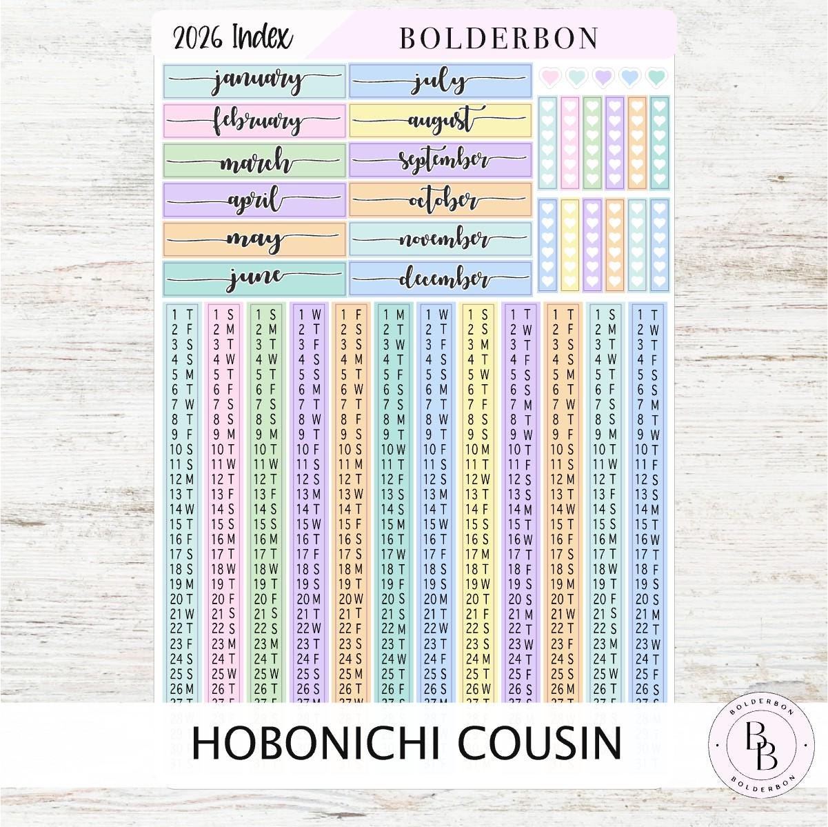 2026 HOBONICHI COUSIN Yearly Index Date Strips - Colorful || A5 Cousin, Day Free, Monthly Headers, Calendar Stickers, Year At A Glance