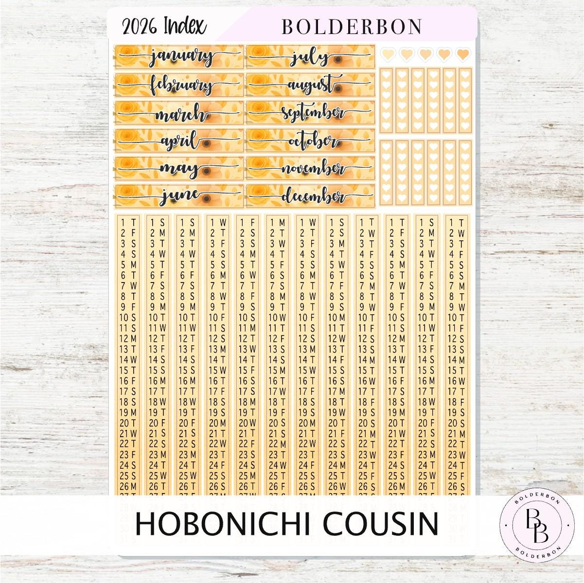 2026 HOBONICHI COUSIN Yearly Index Date Strips - Marigold || A5 Cousin, Day Free, Monthly Headers, Calendar Stickers, Year At A Glance