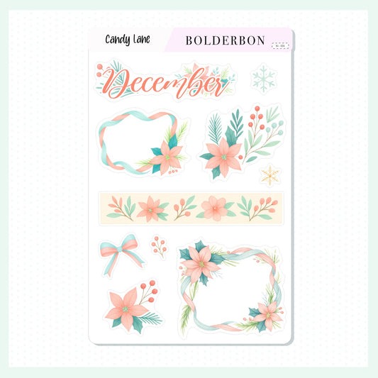 DECEMBER Candy Lane Stickers || Pastel Christmas Planner Stickers, Poinsettia & Holiday Floral Sheet for Journaling & Planners