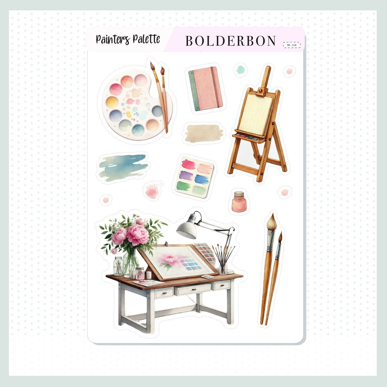 PAINTER'S PALETTE Decorative Sticker Sheet || Artistic Watercolor Planner Stickers with Paint, Brushes & Studio Decor