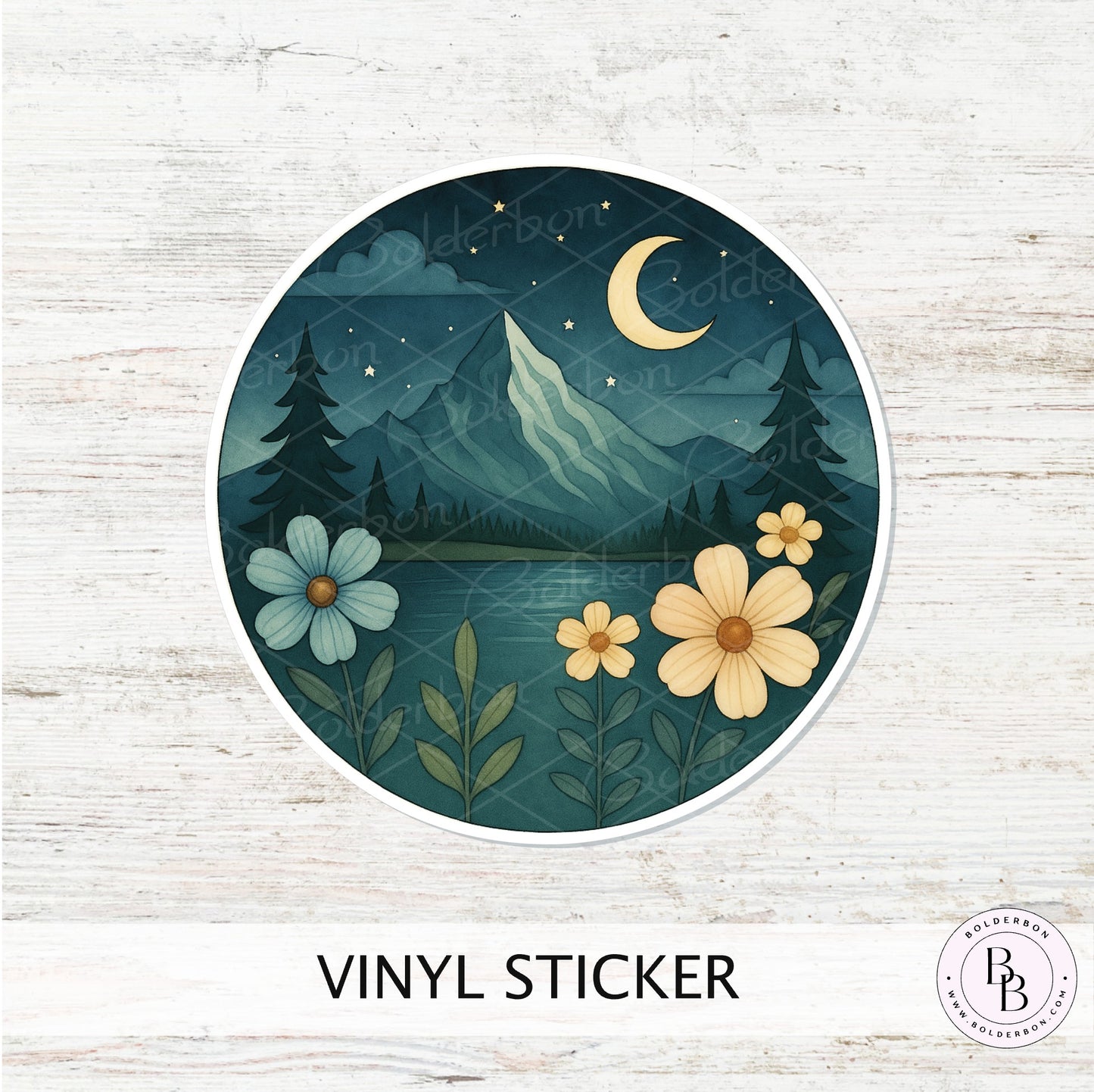 Moonlight Mountain Vinyl Sticker || Night Mountain Sticker, Floral Nature Decal, Hiking Adventure Aesthetic, Waterproof Laptop Sticker