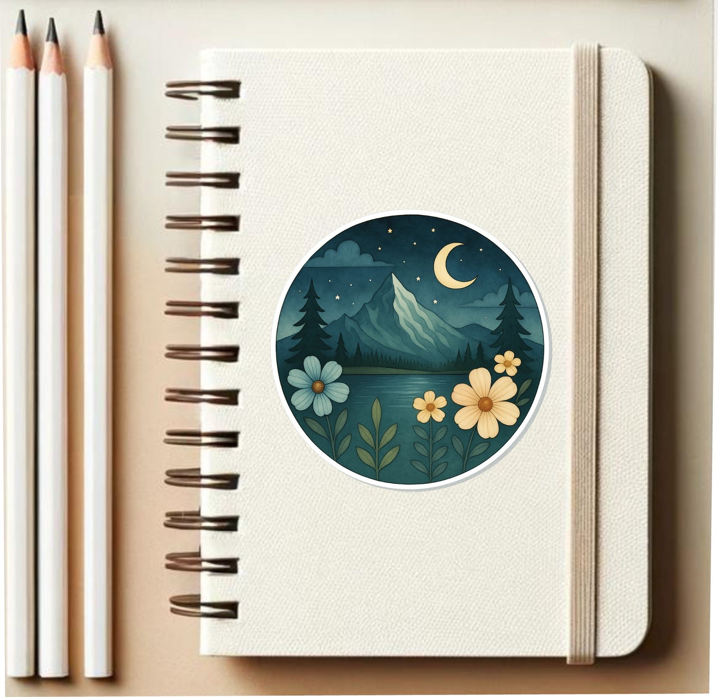 Moonlight Mountain Vinyl Sticker || Night Mountain Sticker, Floral Nature Decal, Hiking Adventure Aesthetic, Waterproof Laptop Sticker