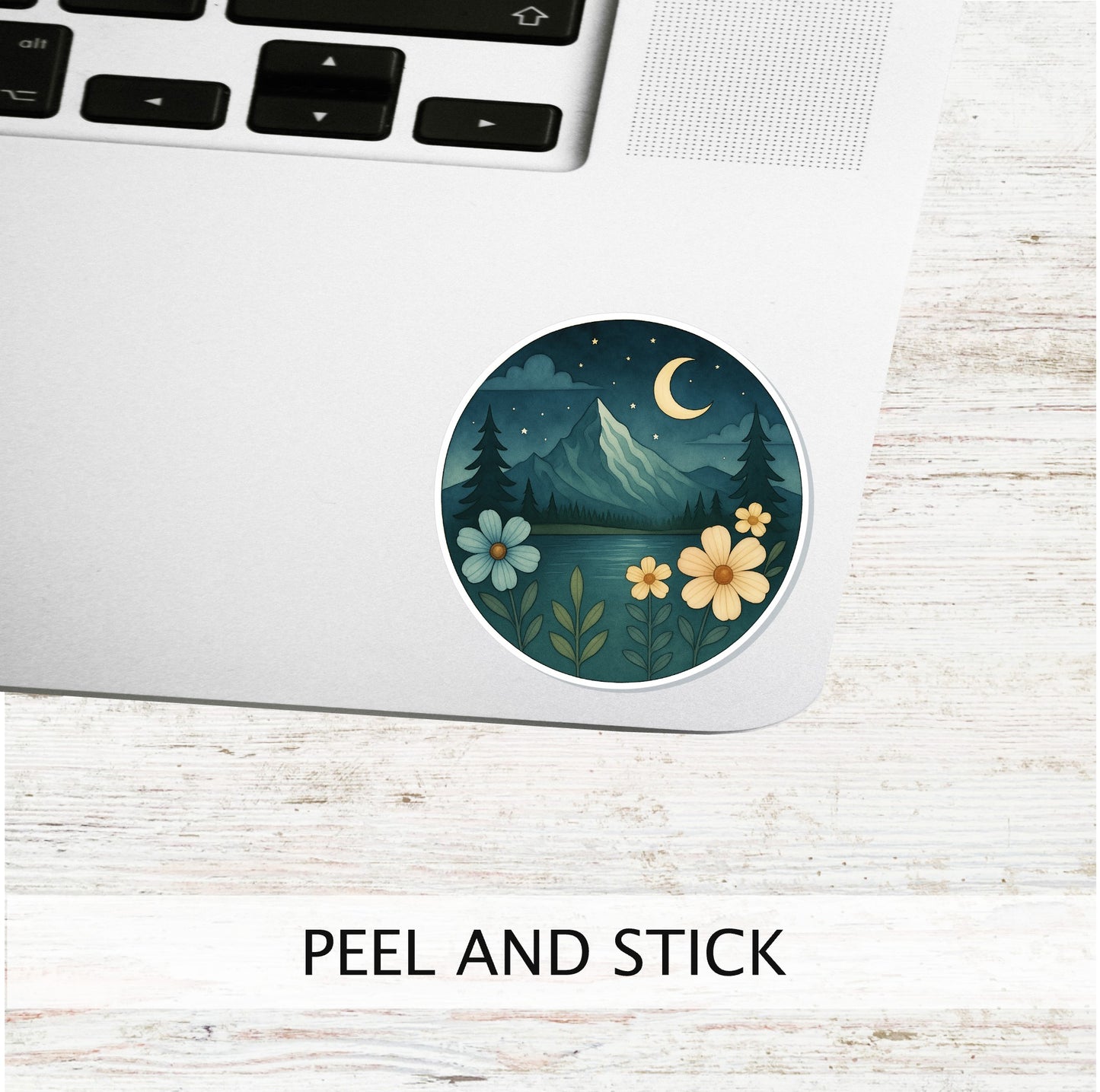Moonlight Mountain Vinyl Sticker || Night Mountain Sticker, Floral Nature Decal, Hiking Adventure Aesthetic, Waterproof Laptop Sticker