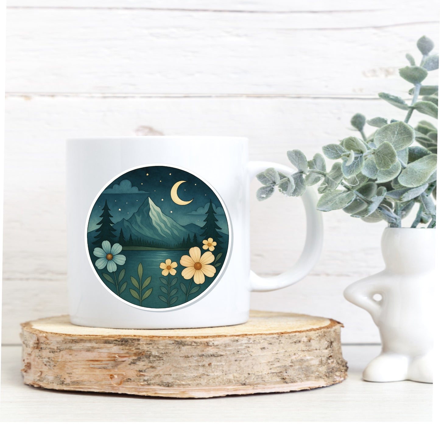 Moonlight Mountain Vinyl Sticker || Night Mountain Sticker, Floral Nature Decal, Hiking Adventure Aesthetic, Waterproof Laptop Sticker
