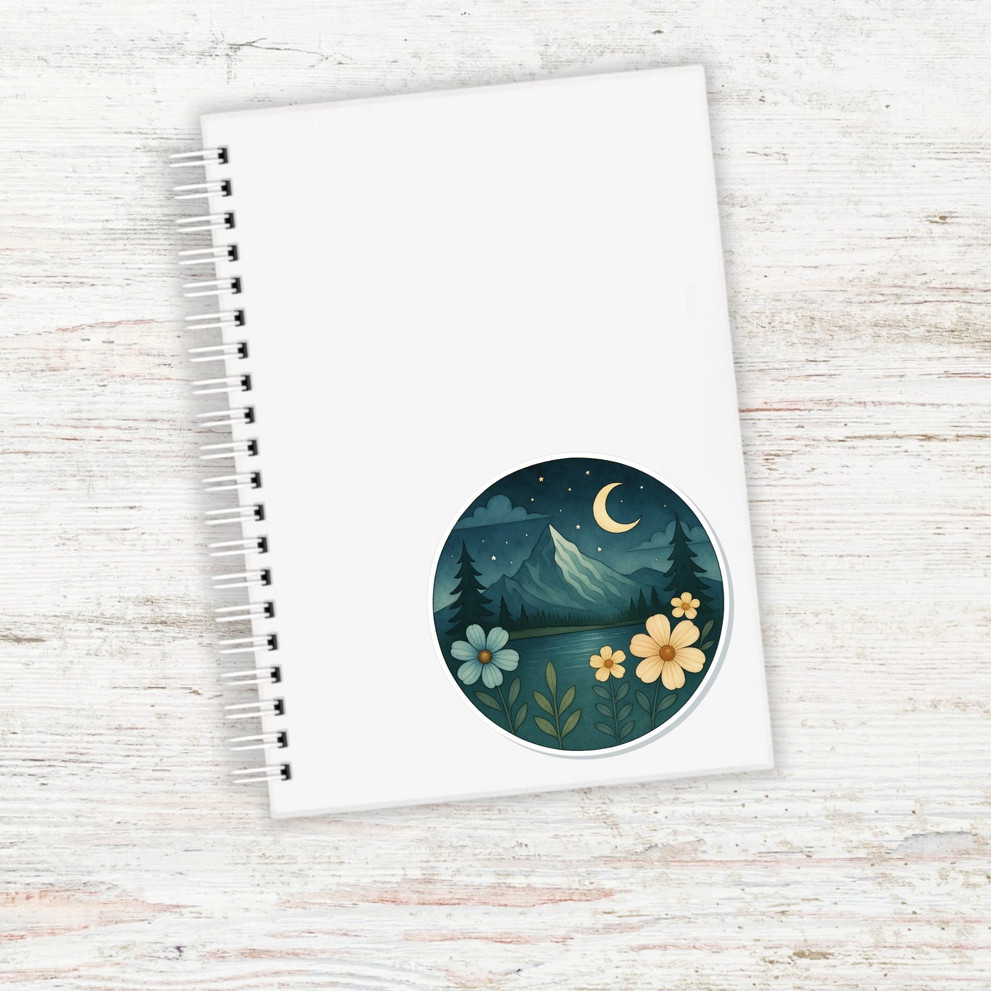 Moonlight Mountain Vinyl Sticker || Night Mountain Sticker, Floral Nature Decal, Hiking Adventure Aesthetic, Waterproof Laptop Sticker