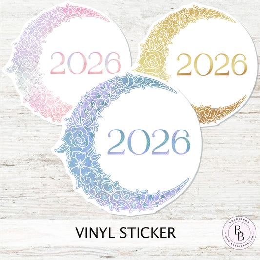2026 FLORAL MOON || 2026 Crescent Moon Vinyl Sticker || Floral Lunar Year Decal for Planners, Journals, or Gifts