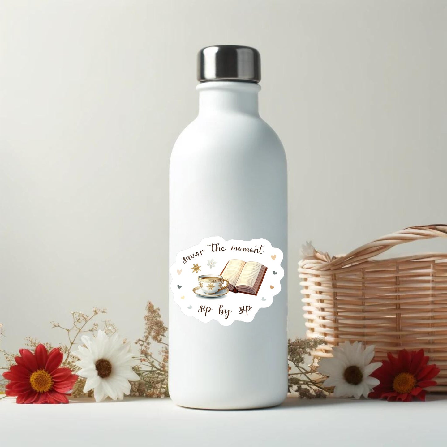 Savor the Moment Sip by Sip Vinyl Sticker || Tea & Coffee, Book Lover Vinyl Sticker, Unique Bookish Gift for Fall