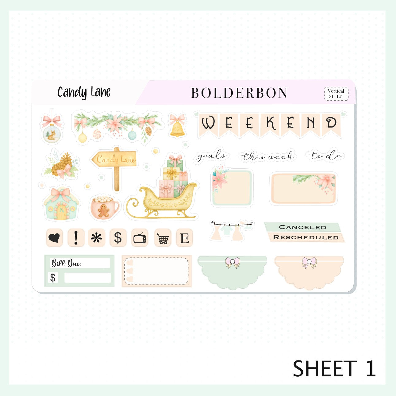 CANDY LANE 7x9 Vertical Sticker Kit || Festive Christmas Planner Stickers, Holiday Pastel Vibe