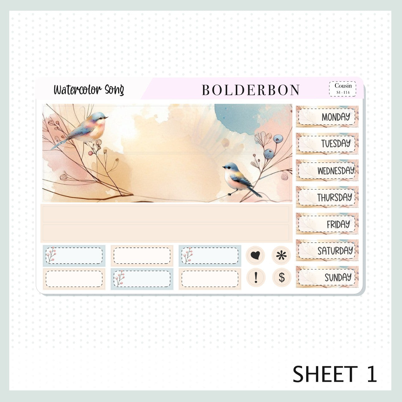WATERCOLOR SONG Hobonichi Cousin || A5 Planner Sticker Kit, Watercolor Bird Theme Weekly Planner Stickers