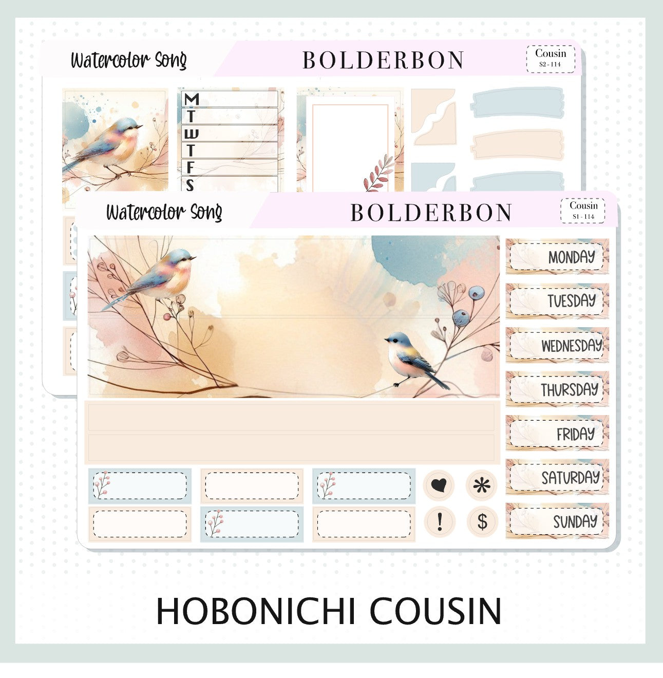 WATERCOLOR SONG Hobonichi Cousin || A5 Planner Sticker Kit, Watercolor Bird Theme Weekly Planner Stickers