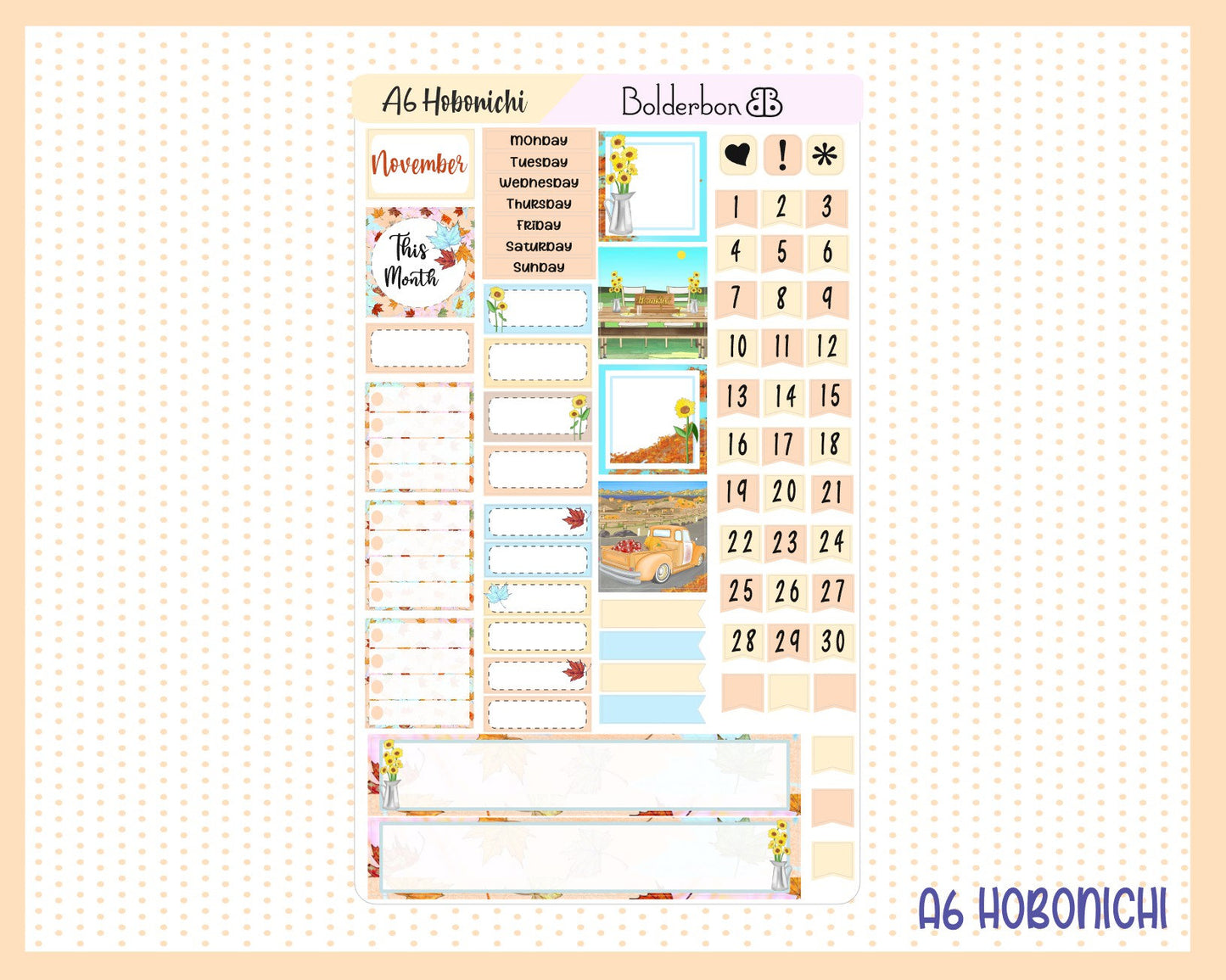 NOVEMBER A6 Hobonichi Monthly Kit || Thankful Heart Planner Sticker Kit, Thanksgiving, Fall