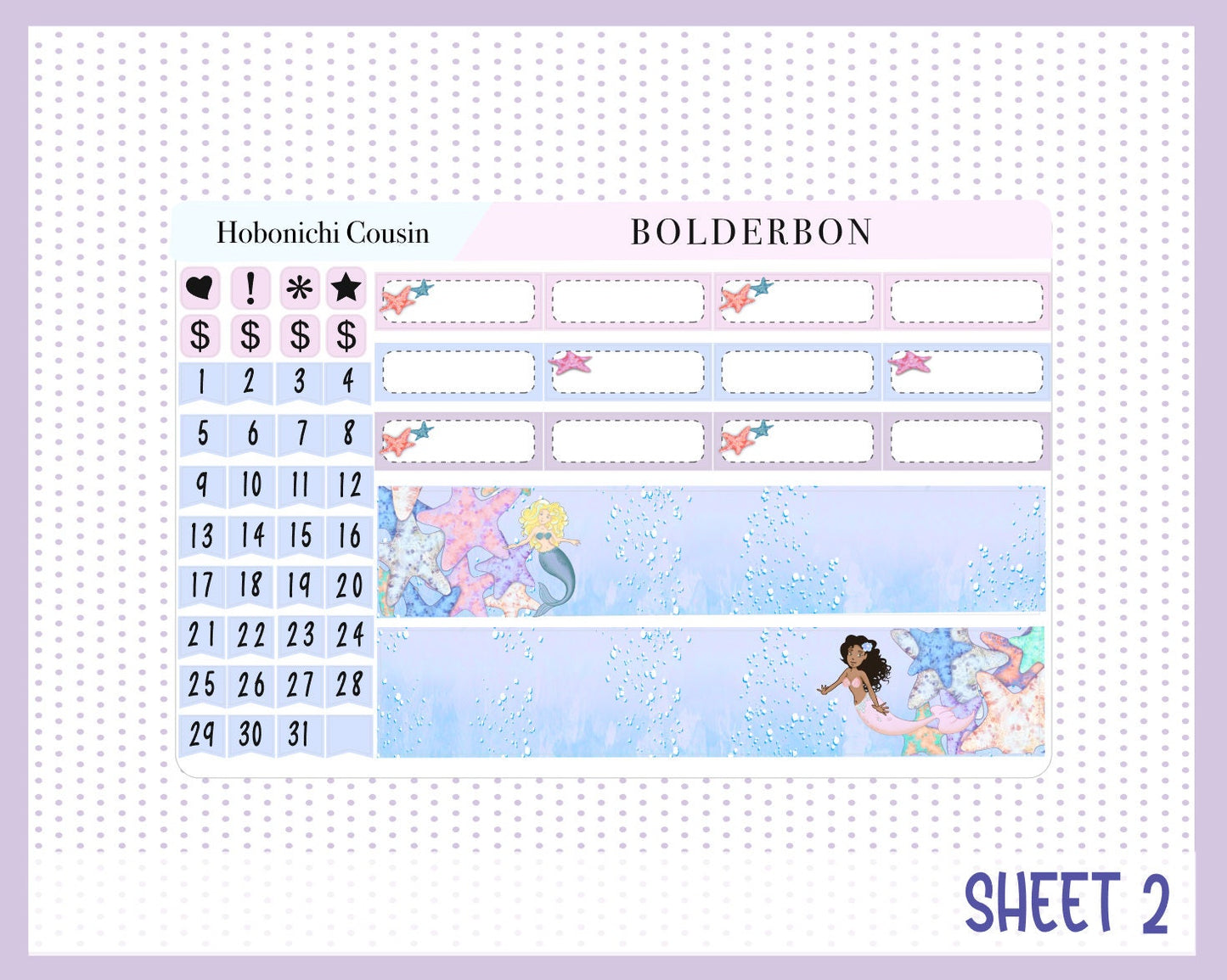 JULY Hobonichi Cousin and A5 Day Free || Monthly Planner Sticker Kit, Summer, Mermaids, Ocean