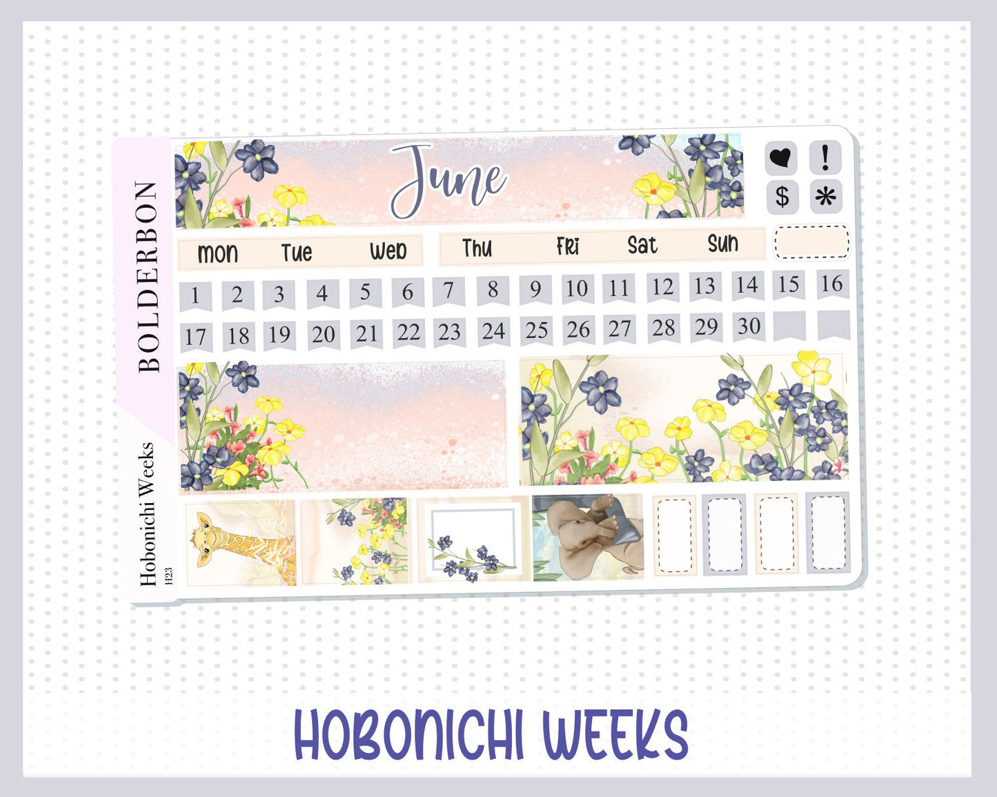 JUNE Hobonichi Weeks || Hand Drawn, Sticker Kit, Monthly Planner Stickers for Hobo Weeks, Safari, Savannah, Nature