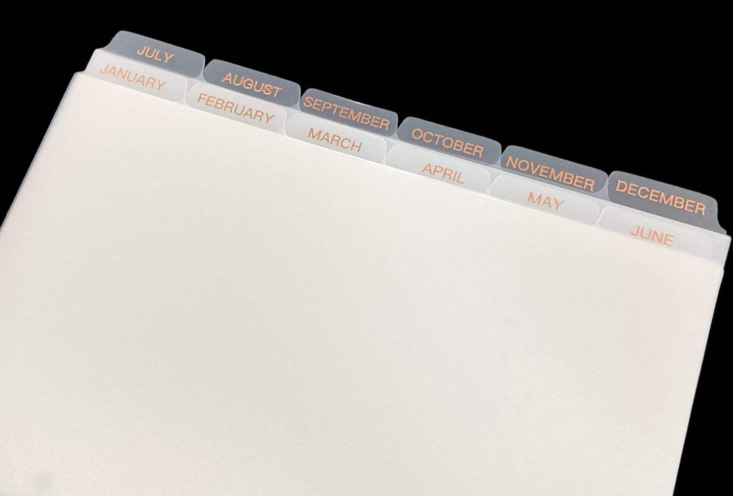 MONTHLY DISC Dividers || Half Letter, Rose Gold Foil, 12 Side Tabs, 8 Disc Punch, Clear, Transparent Frost