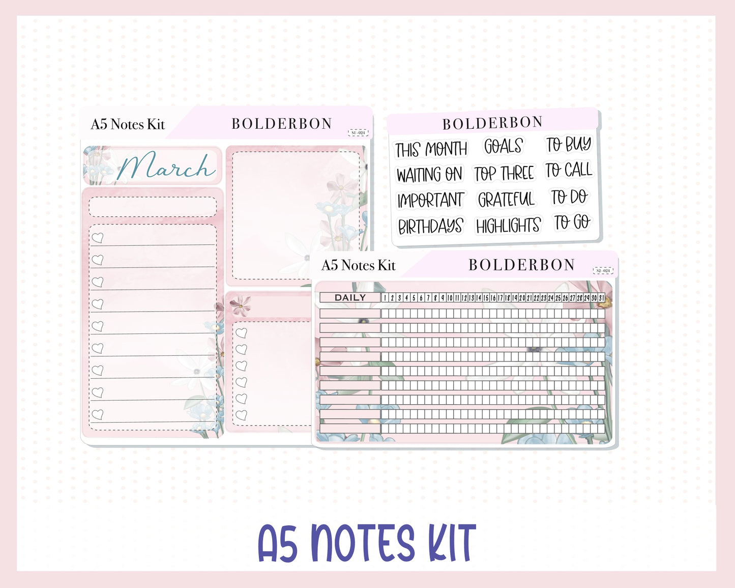 MARCH - A5 NOTES KIT || Compact Vertical, A5 Daily Duo, A5 Horizontal, Planner Stickers