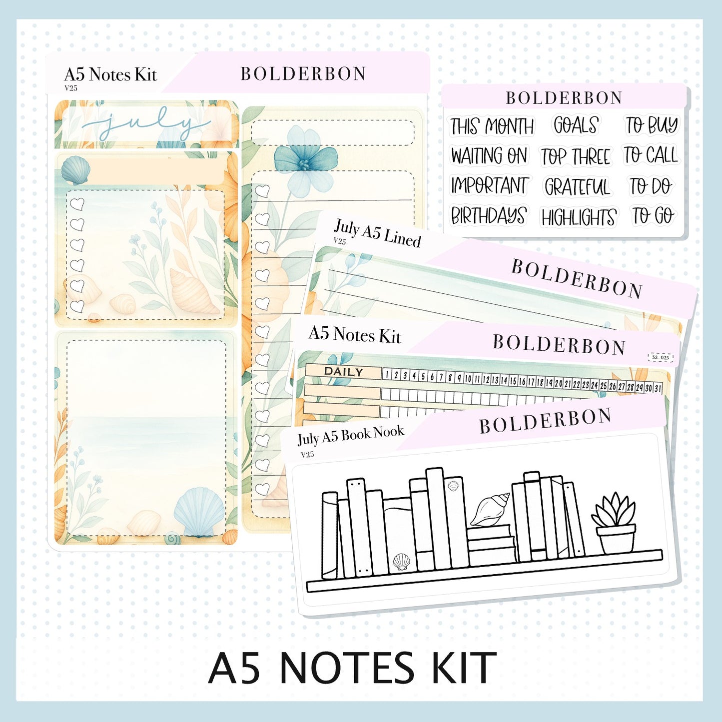 NEW 2025/2026 JULY A5 Notes Kit || Shoreline, Planner Sticker Kit for Erin Condren Planners