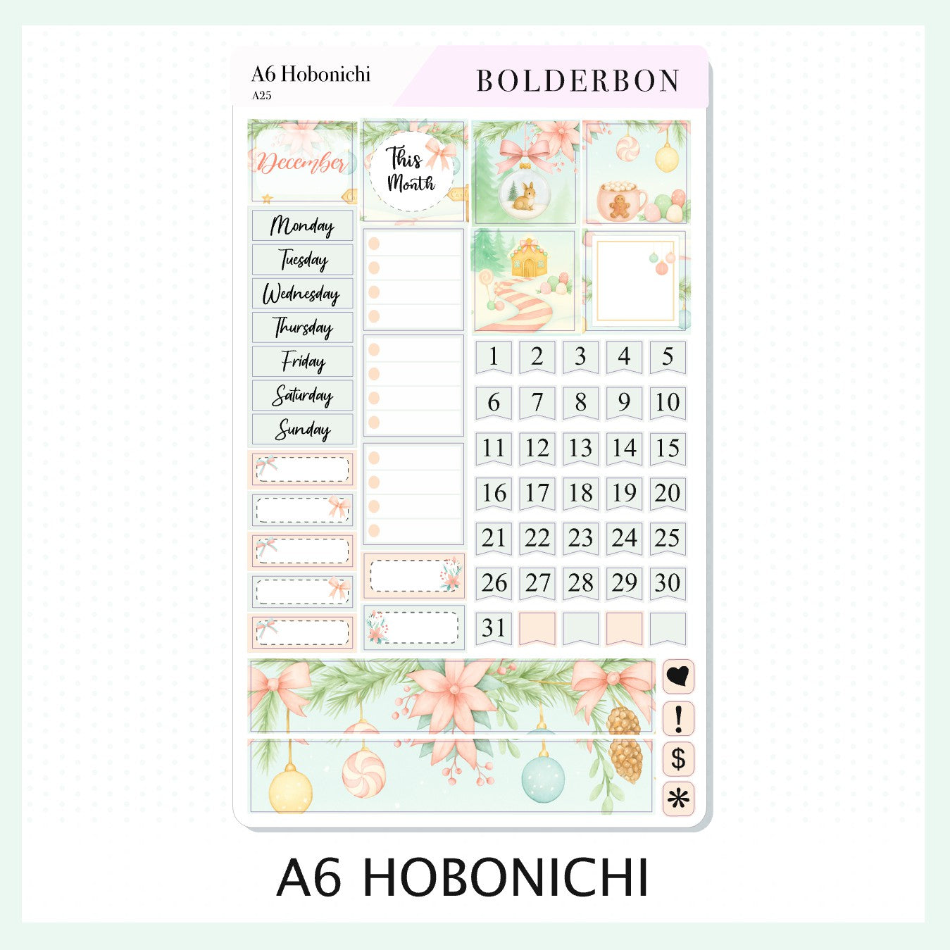 DECEMBER A6 Hobonichi || Festive Floral Planner Stickers, Pastel Holiday Aesthetic Vibe