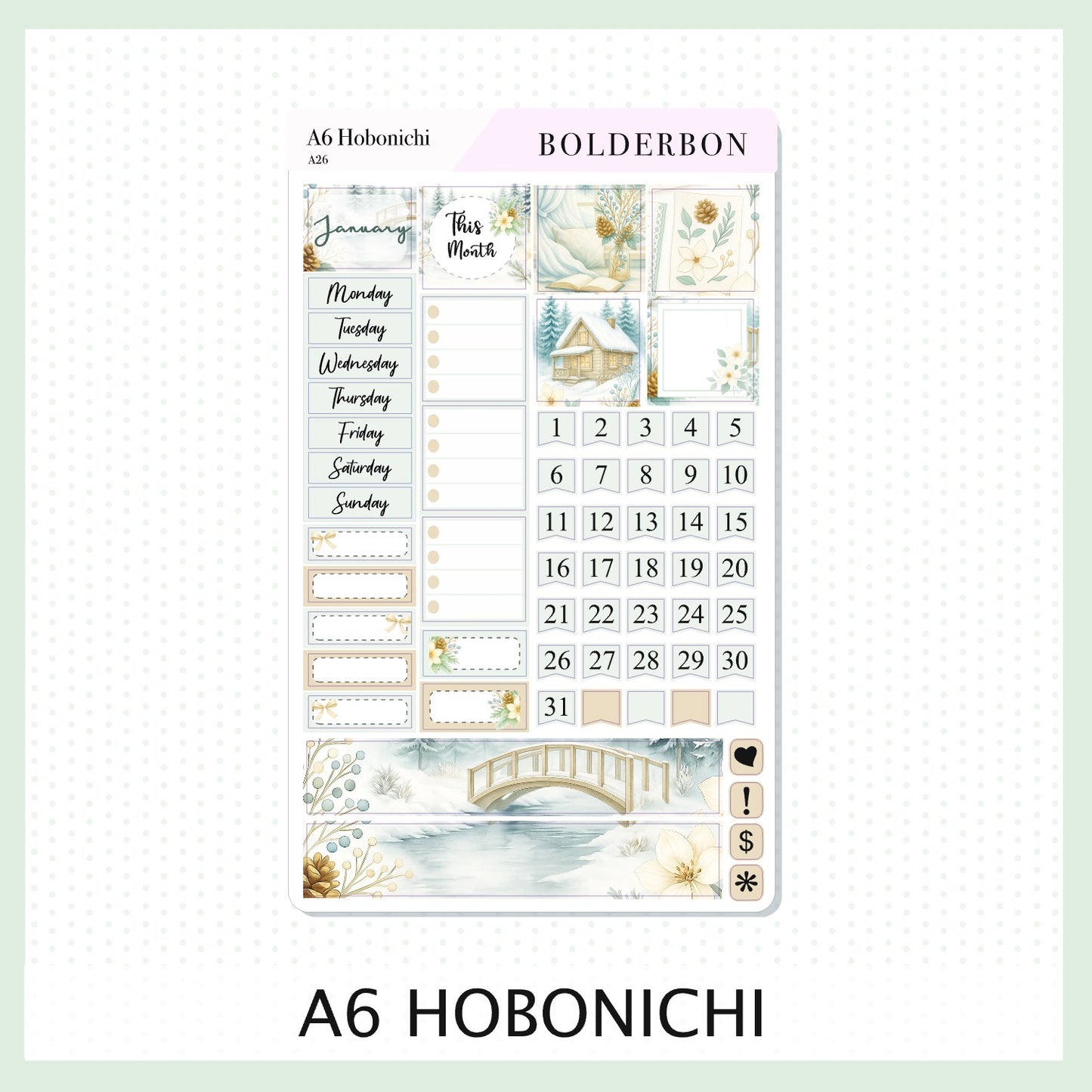 JANUARY A6 Hobonichi || Winter Floral Planner Stickers, Cozy Sage & Gold Vibe