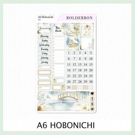 JANUARY A6 Hobonichi || Winter Floral Planner Stickers, Cozy Sage & Gold Vibe
