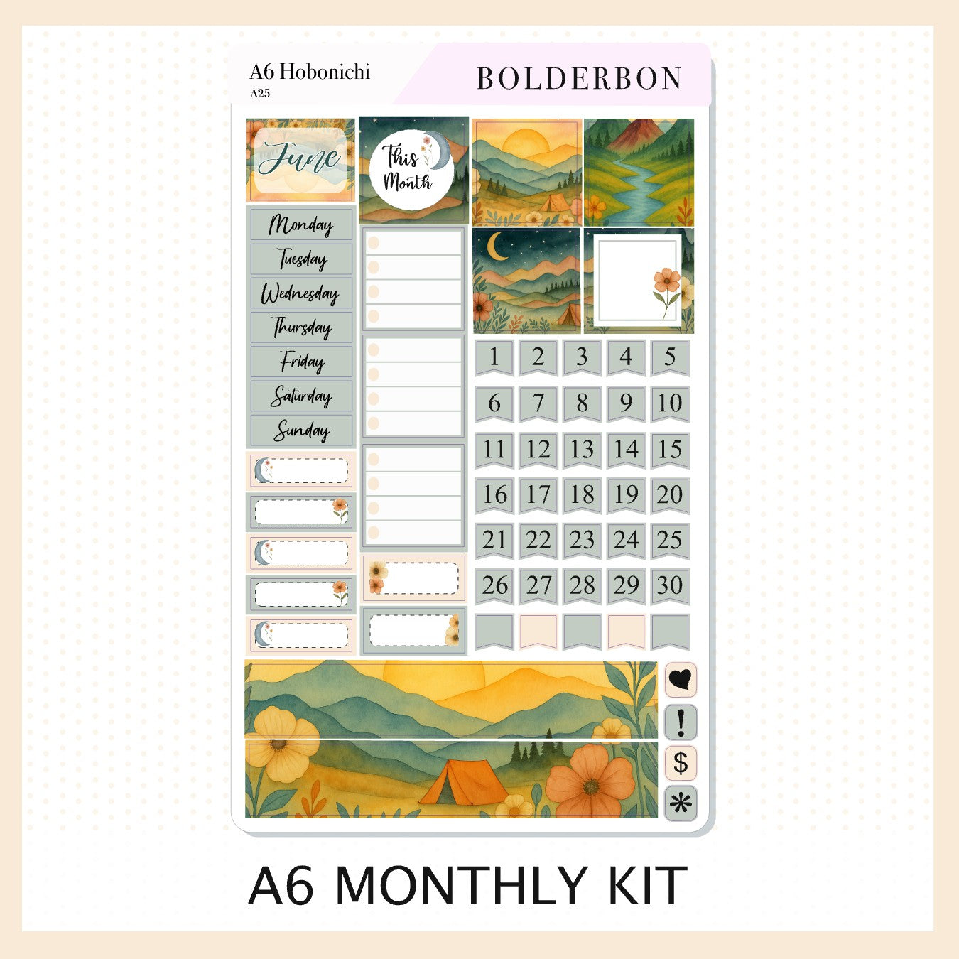 JUNE A6 Hobonichi || Dream Mountain Monthly Sticker Kit Planner Stickers
