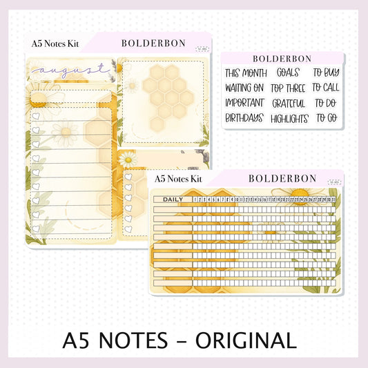 AUGUST A5 NOTES KIT Original Layout || Planner Sticker Kit for A5 Planners and Notebooks, Sweet Honey