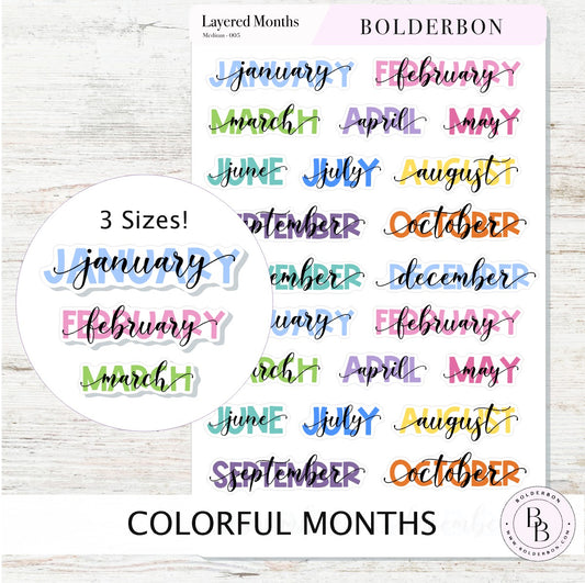 Layered Colorful Month Stickers || Script Month Labels for Planners, Journals, and Calendars