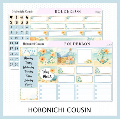 JULY Hobonichi Cousin and A5 Day Free || Shoreline, Beach Vibes Monthly Planner Sticker Kit