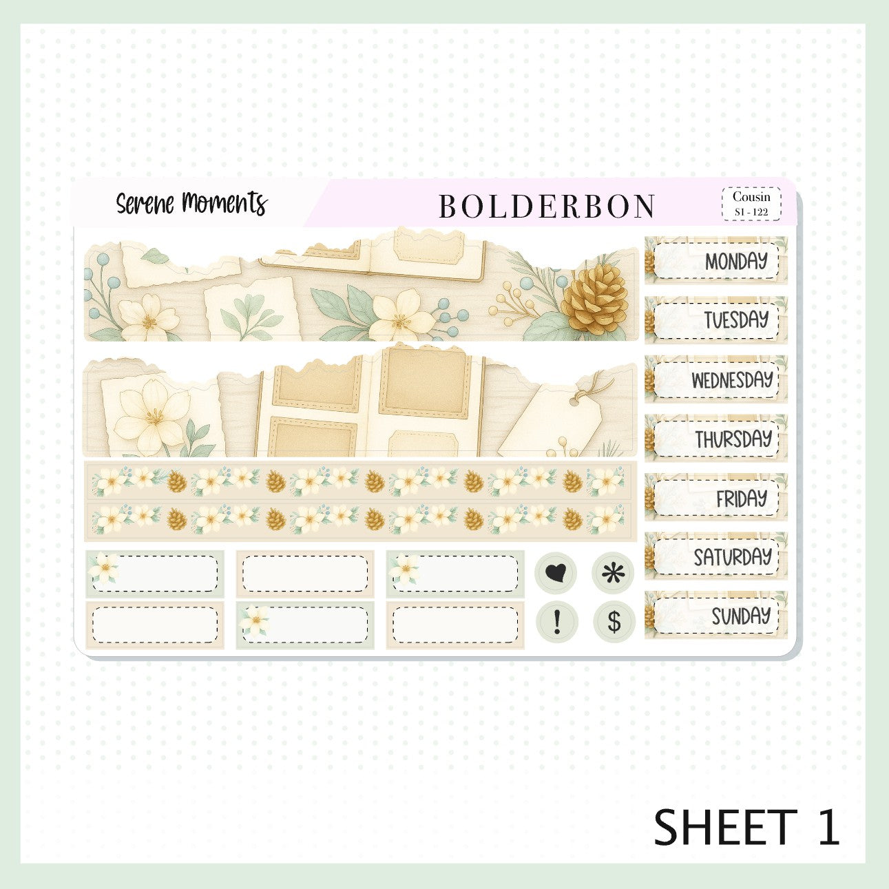 SERENE MOMENTS Hobonichi Cousin || A5 Planner Sticker Kit, Winter Floral Planner Stickers, Cozy Sage & Gold Vibe