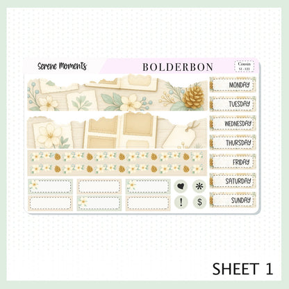 SERENE MOMENTS Hobonichi Cousin || A5 Planner Sticker Kit, Winter Floral Planner Stickers, Cozy Sage & Gold Vibe