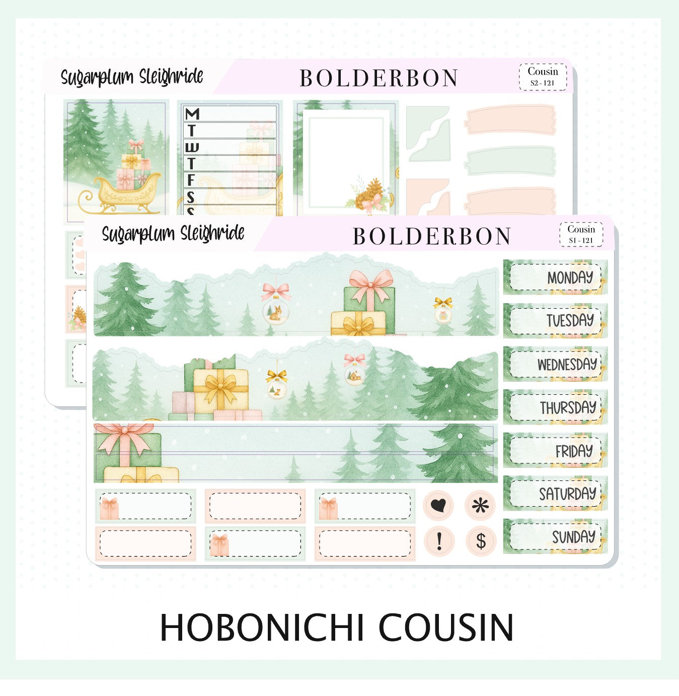 SUGARPLUM SLEIGHRIDE Hobonichi Cousin || A5 Planner Sticker Kit, Festive Floral Planner Stickers, Pastel Holiday Aesthetic Vibe