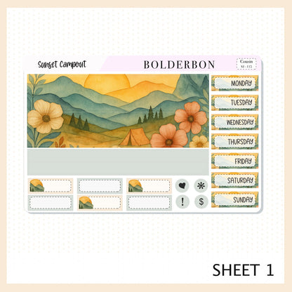 SUNSET CAMPOUT Hobonichi Cousin || A5 Planner Sticker Kit, Aesthetic Outdoor Nature Camping Weekly Planner Stickers