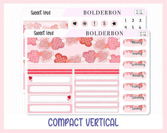 SWEET LOVE "Compact Vertical" || A5 Planner Sticker Kit, Valentine's, Love