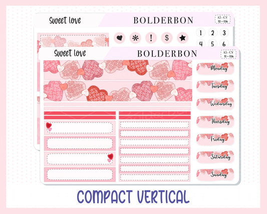 SWEET LOVE "Compact Vertical" || A5 Planner Sticker Kit, Valentine's, Love