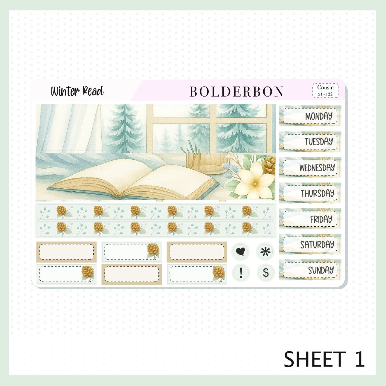 WINTER READ Hobonichi Cousin || A5 Planner Sticker Kit, Floral Planner Stickers, Cozy Sage & Gold Vibe