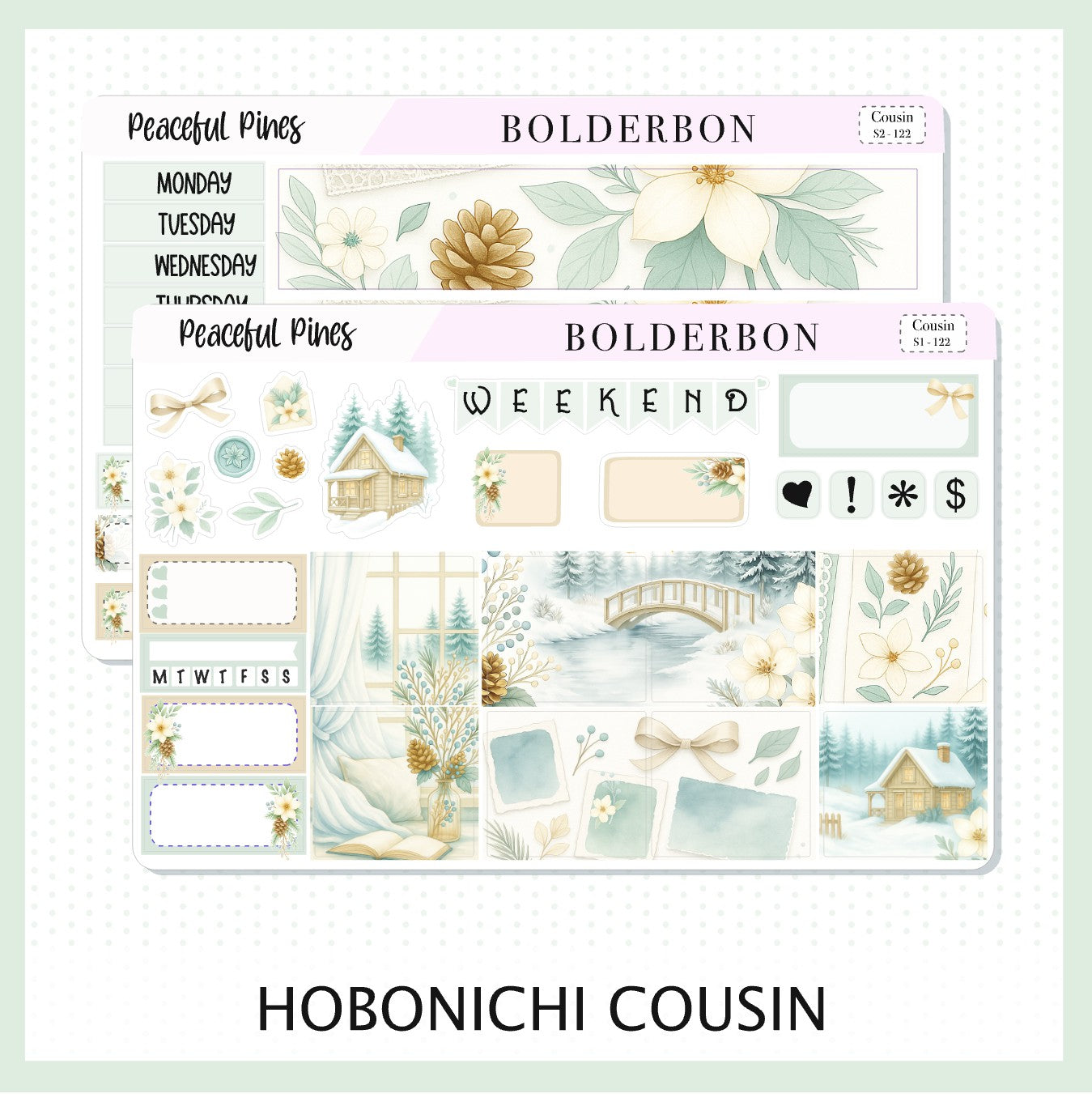 PEACEFUL PINES Hobonichi Cousin || A5 Planner Sticker Kit, Winter Floral Planner Stickers, Cozy Sage & Gold Vibe