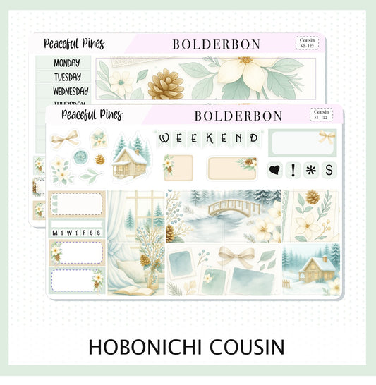 PEACEFUL PINES Hobonichi Cousin || A5 Planner Sticker Kit, Winter Floral Planner Stickers, Cozy Sage & Gold Vibe