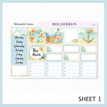 JULY Hobonichi Cousin and A5 Day Free || Shoreline, Beach Vibes Monthly Planner Sticker Kit