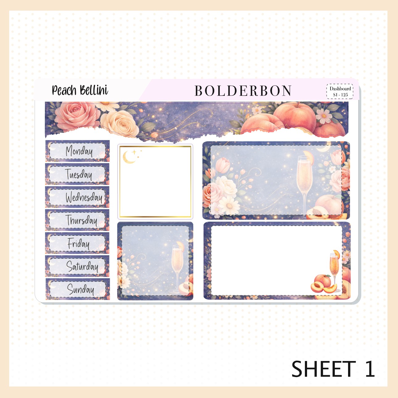 PEACH BELLINI Erin Condren Dashboard Sticker kit || Champagne Evening Planner Stickers, Floral Aesthetic Weekly Kit