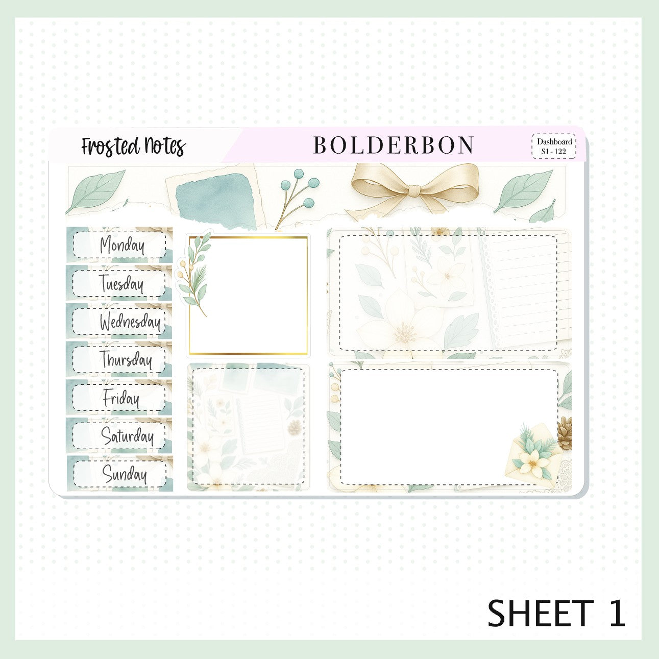 FROSTED NOTES Erin Condren Dashboard Sticker kit || Winter Floral Planner Stickers, Cozy Sage & Gold Vibe