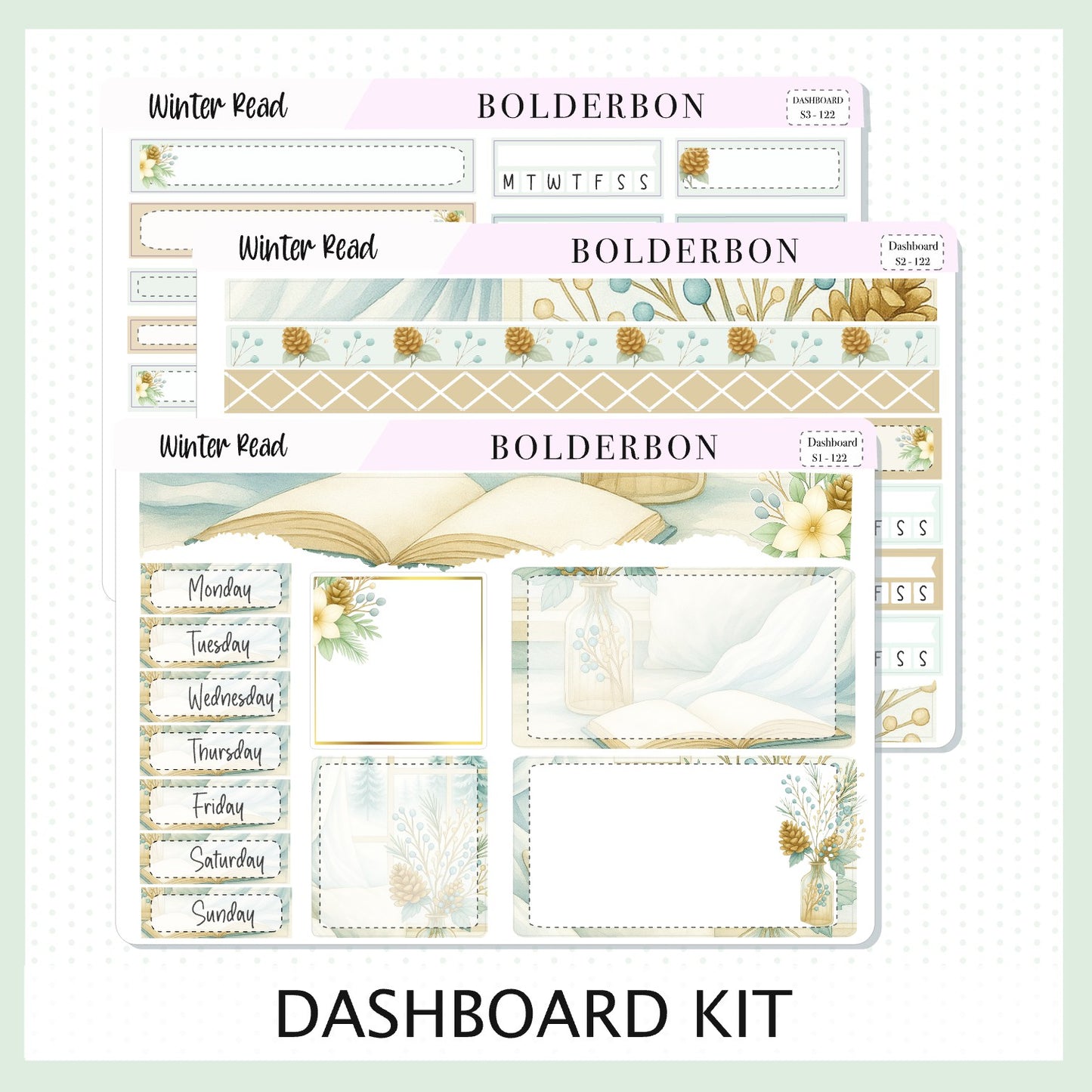 WINTER READ Erin Condren Dashboard Sticker kit || Winter Floral Planner Stickers, Cozy Sage & Gold Vibe