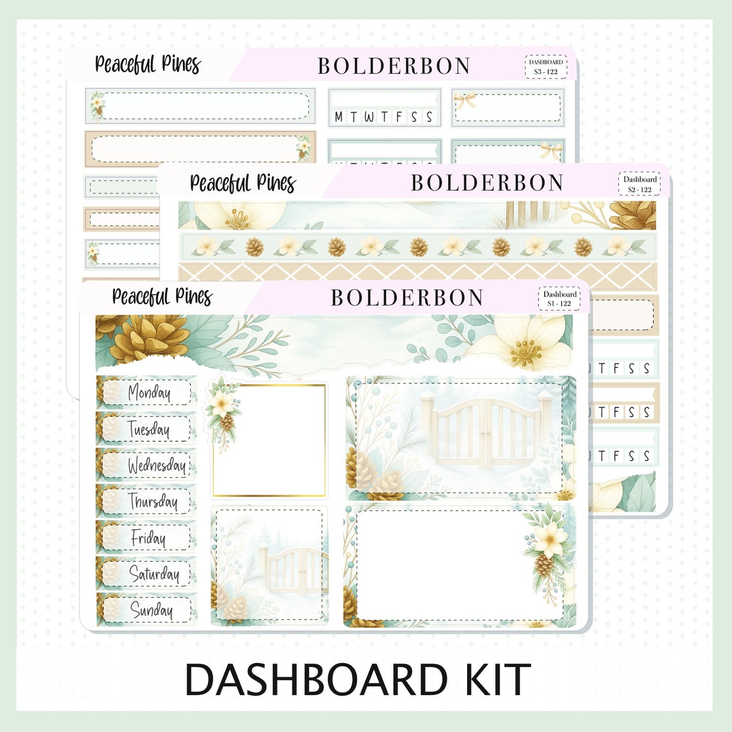 PEACEFUL PINES Erin Condren Dashboard Sticker kit || Winter Floral Planner Stickers, Cozy Sage & Gold Vibe
