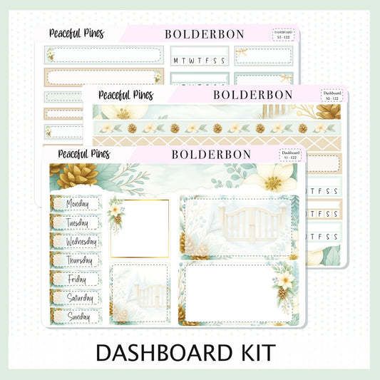 PEACEFUL PINES Erin Condren Dashboard Sticker kit || Winter Floral Planner Stickers, Cozy Sage & Gold Vibe