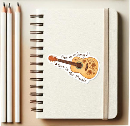 Life Is a Song Guitar Sticker || Floral Acoustic Guitar Vinyl Sticker, Boho Music Sticker, Folk Art Laptop Decal, Love Is the Music Quote Sticker
