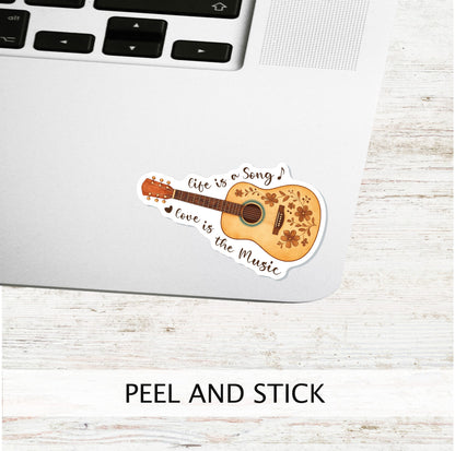 Life Is a Song Guitar Sticker || Floral Acoustic Guitar Vinyl Sticker, Boho Music Sticker, Folk Art Laptop Decal, Love Is the Music Quote Sticker