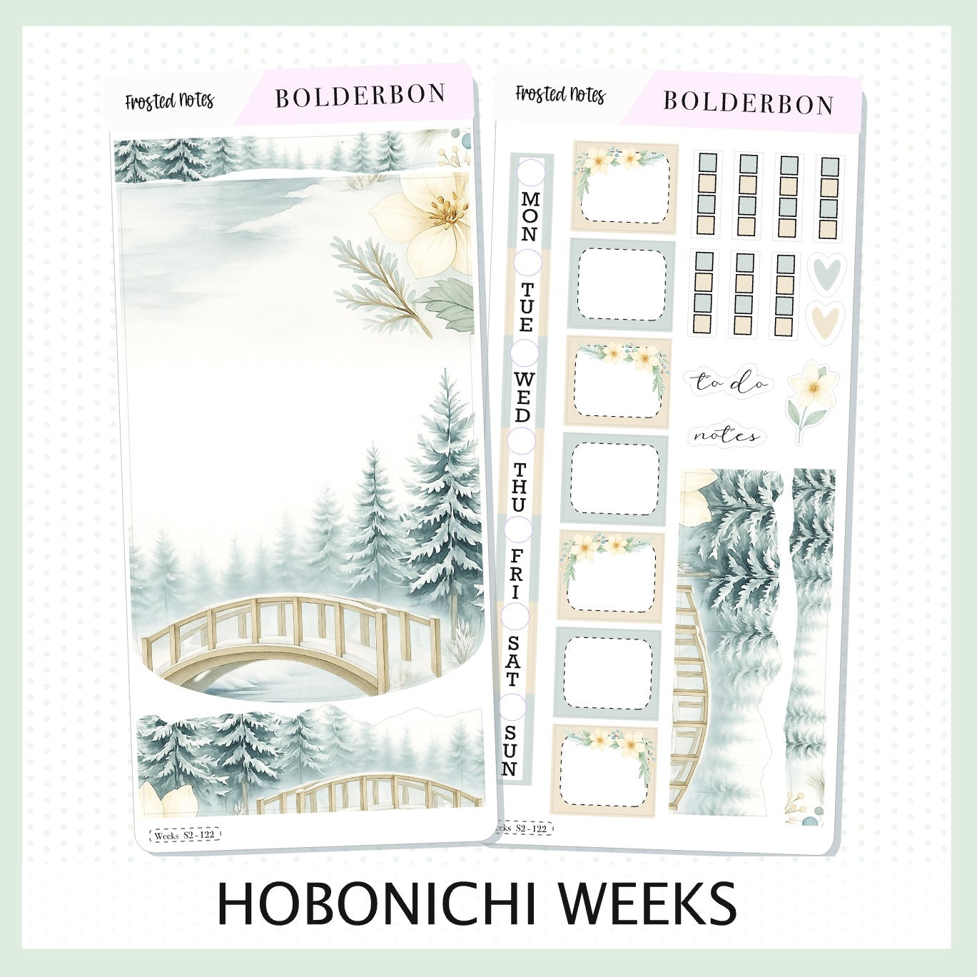FROSTED NOTES Hobonichi Weeks || Winter Floral Planner Stickers, Cozy Sage & Gold Vibe