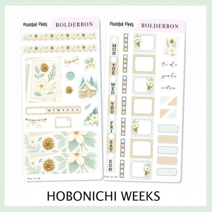 PEACEFUL PINES Hobonichi Weeks || Winter Floral Planner Stickers, Cozy Sage & Gold Vibe