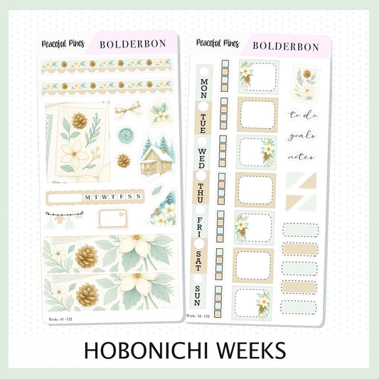 PEACEFUL PINES Hobonichi Weeks || Winter Floral Planner Stickers, Cozy Sage & Gold Vibe