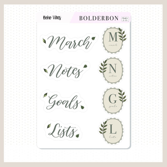 MARCH Header Stickers || Boho Vibes • Boho Chic • Aesthetic Journal Stickers • Journaling Stickers