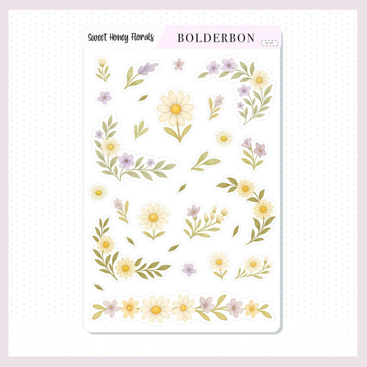 SWEET HONEY FLORALS || Aesthetic Journal Stickers, Journaling Stickers, Bees, Florals & Cozy Farmhouse Vibe Planner Stickers